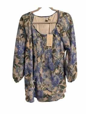 NWT Joie Blue Floral Metallic Lurex Tiered Blouse 1X